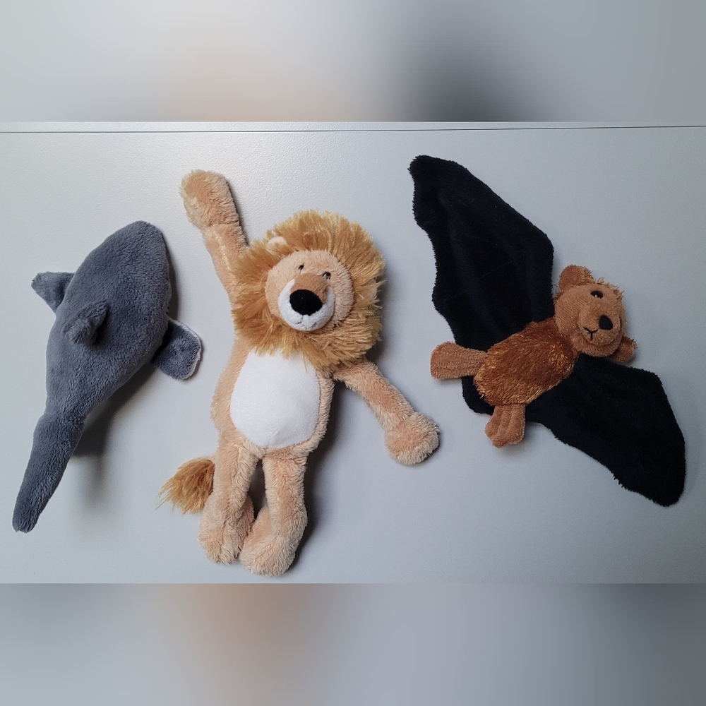 Bundle Of 3 Small Plush Animal Toys w/ Magnetic Limbs- Shark, Lion, Bat